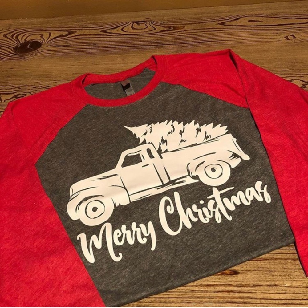 Red Henley Christmas Delivery Truck Tee